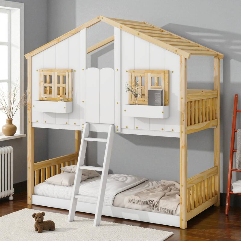 Twin Over Twin Wooden House Bunk Bed with Roof, Windows, Door, and Ladder, Kids Playhouse Bed with Guardrails