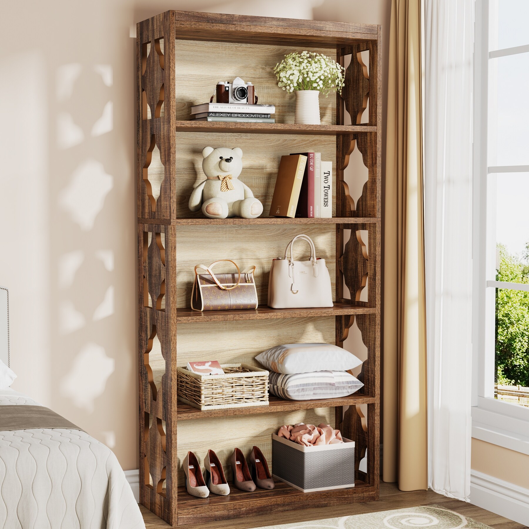 6-Tier Rustic Bookshelf, 70-Inch Wooden 5 Shelf Bookcase - 11.81