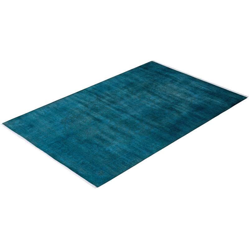 Overton Hand Knotted Wool Vintage Inspired Modern Contemporary Overdyed Blue Area Rug - 6' 1" x 9' 4"