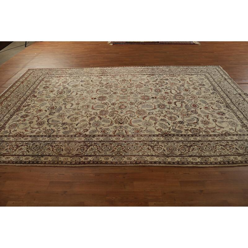 Hand Knotted Oriental 100% Wool Carpet Traditional All-Over Beige & Ivories Tabriz Area Rug - 11' 0'' X 7' 0''