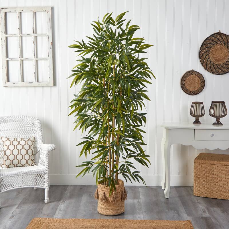 75-Inch Wicker Artificial Tree with Green Foliage and Natural Cotton Planter Perfect for Indoor Spaces - 75"