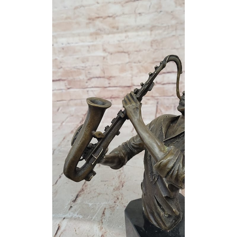 Black African American Saxaphone Player Jazz Musician Bronze Marble Statue 10 Inches X 9 Inches