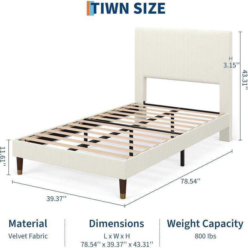 Soft Corduroy Fabric Platform Bed Frame with Upholstered Headboard, White