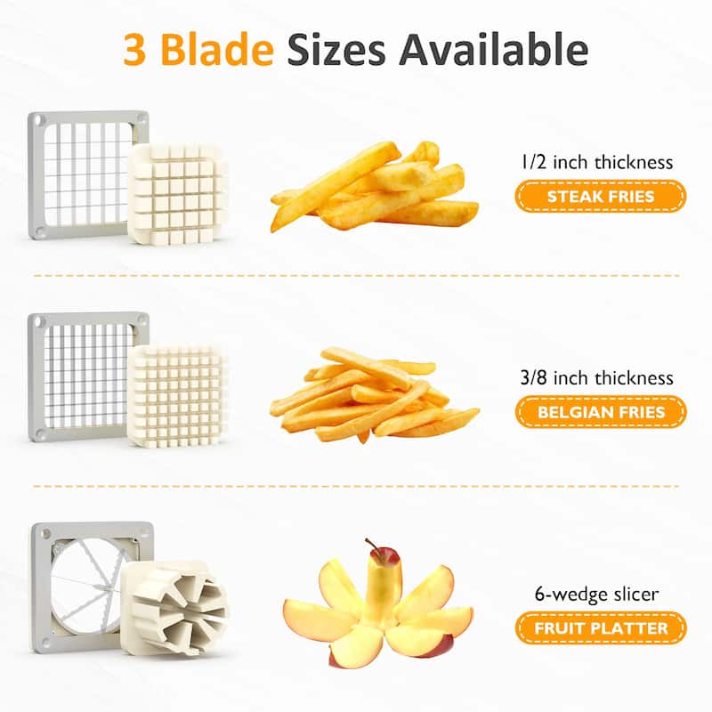 French Fry Cutter with 1/2 Inch and 3/8 Inch Blades, 6-wedge Slicer, Stainless Steel