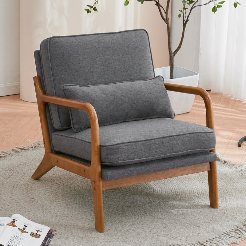 Mid Century Modern Upholstered Accent Chair - 1-Piece - Dark Grey Linen