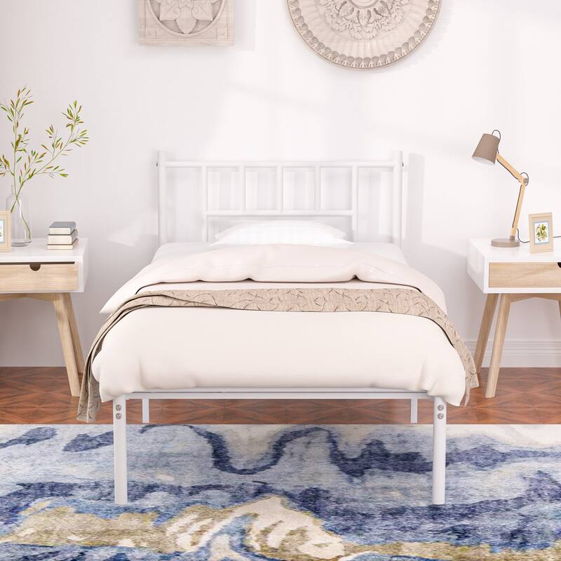 VECELO Victorian Style 14 Inch Metal Platform Bed Frame with Headboard, Heavy Duty Steel Slat Support, No Box Spring Needed