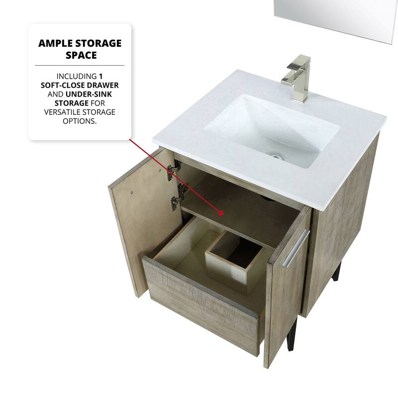 Vanity with Quartz Top, Single Hole Brass Faucet in Brushed Nickel, 18x24 Mirror Included, Scratch & Stain Resistant