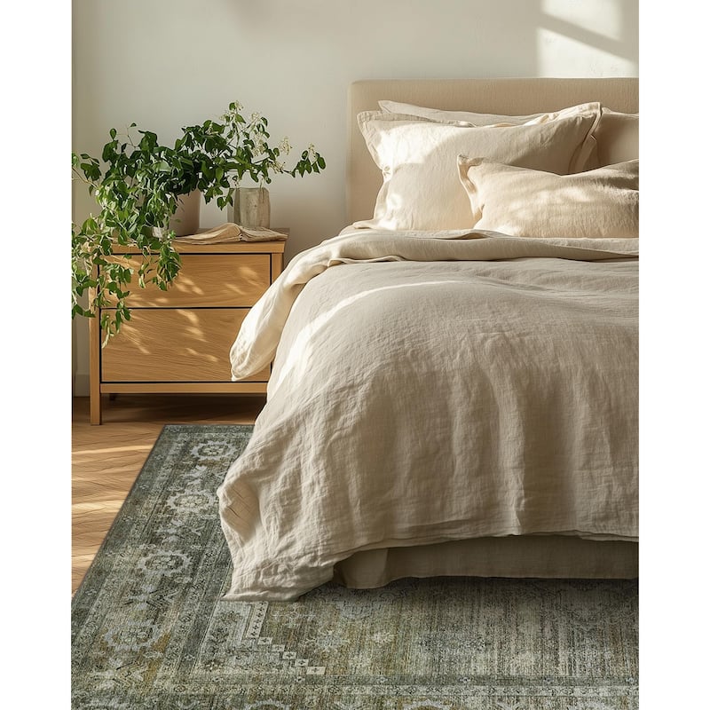 Mcow Sage Green Boho Pattern Ultra-Thin Low-Pile Washable Non-Slip Area Rug