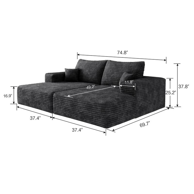 74.8" Modern Sofa Bed with Dual Sleeper, Lounger, No Assembly, Black (Plush Corduroy Fabric)