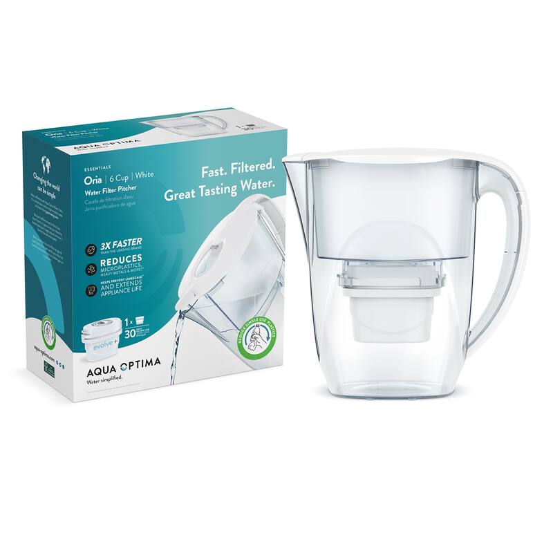 Aqua Optima Water Filter Pitcher with 1 Evolve+ Filter, Liscia Design, White
