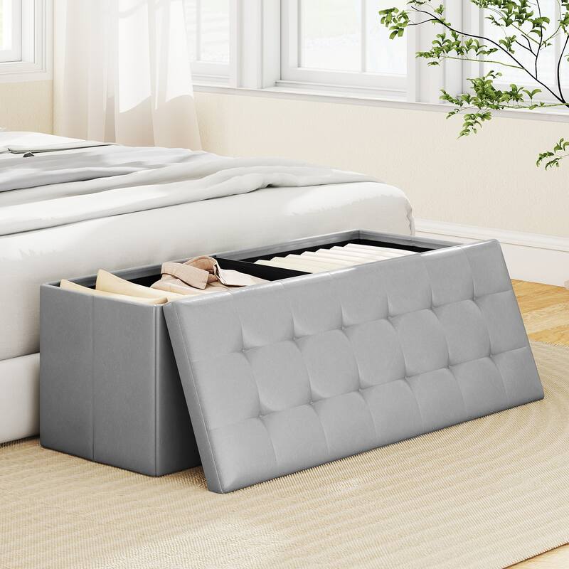 43 Inch PU Leather Storage Ottoman Bench with 38 Gallon Capacity Removable Divider and Foam Cushion for Living Room Entryway
