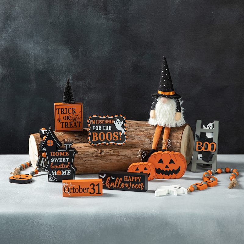 Glitzhome Halloween Christmas Gnome Pumpkin Block Set Word Sign Table Decor with Tiered Tray