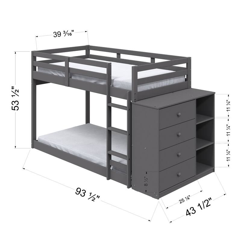 Twin over Twin Pine Frame Bunk Bed with Storage and 4 Drawers and 3 Open Compartments