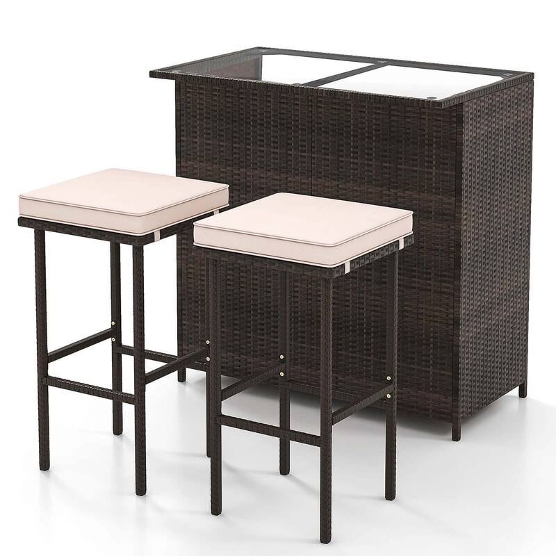 3PCS Outdoor Bar Set PE Rattan Wicker Bar Table＆Stools - Mix Brown＆Beige