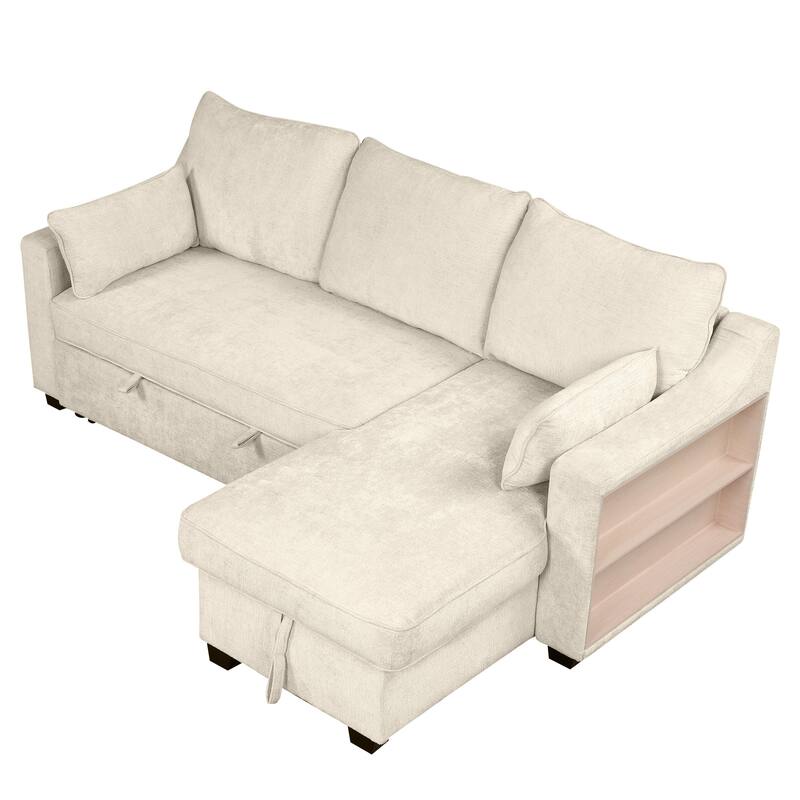 90" Convertible Sleeper Sofa with Storage Chaise, USB Ports, Storage Racks for Compact Spaces