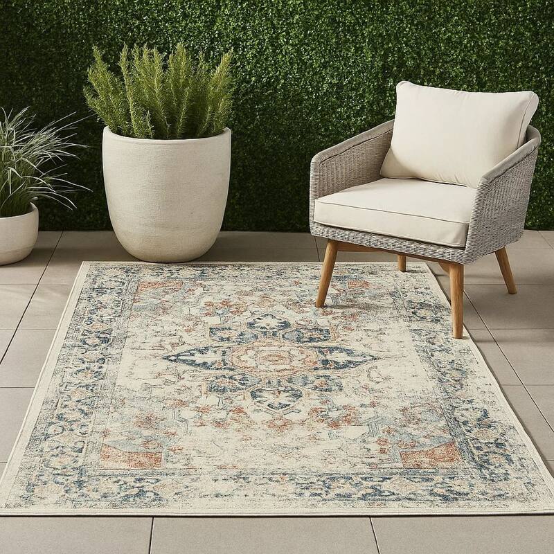 Jerry 5 x 7 Area Rug, Indoor Outdoor, Medallion, Polyester, Ivory Orange - 5 x 7