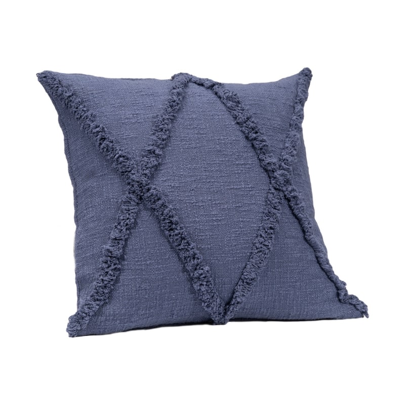 Set of Two Blue Diamond Cotton Throw Pillow With Fringe