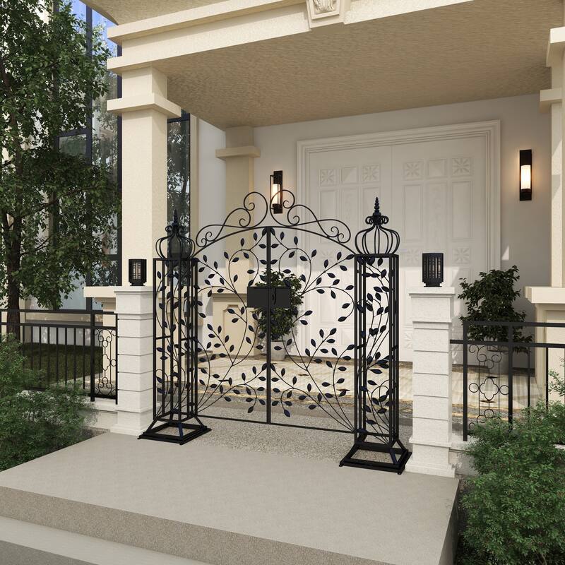 Black Metal Indoor Outdoor Scrollwork Arched Gate Garden Arbor with Vines and Latch Lock Closure