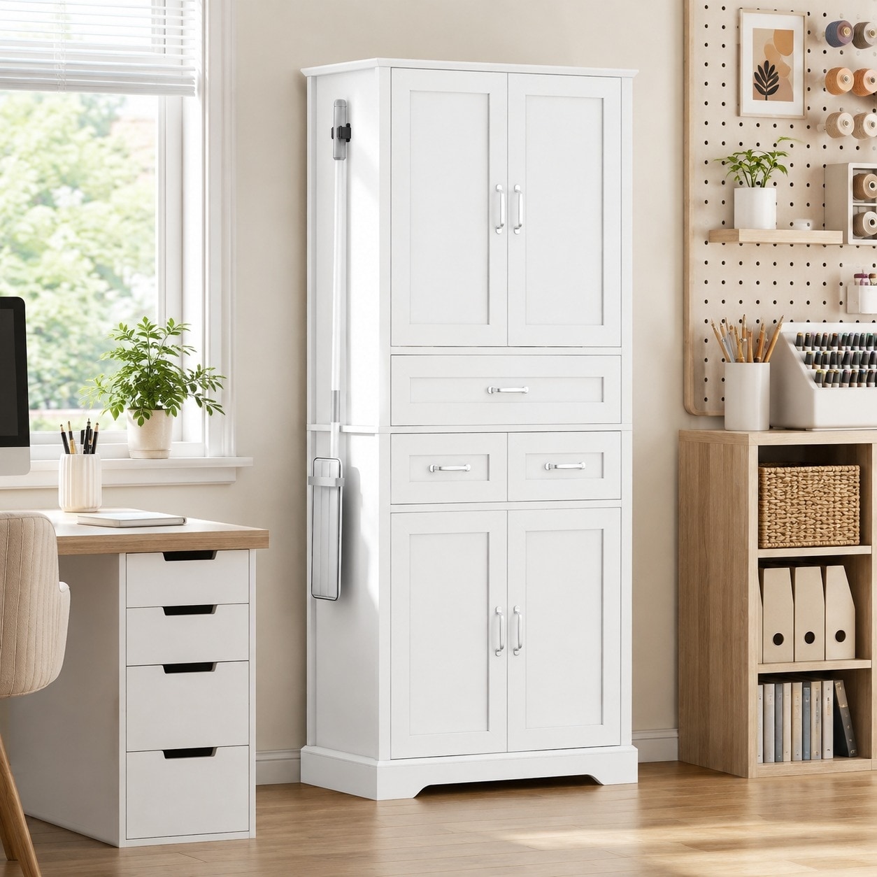 Tall Bathroom Storage Cabinet with 4 Doors and 3 Drawers, Freestanding Linen Tower, Adjustable Shelves