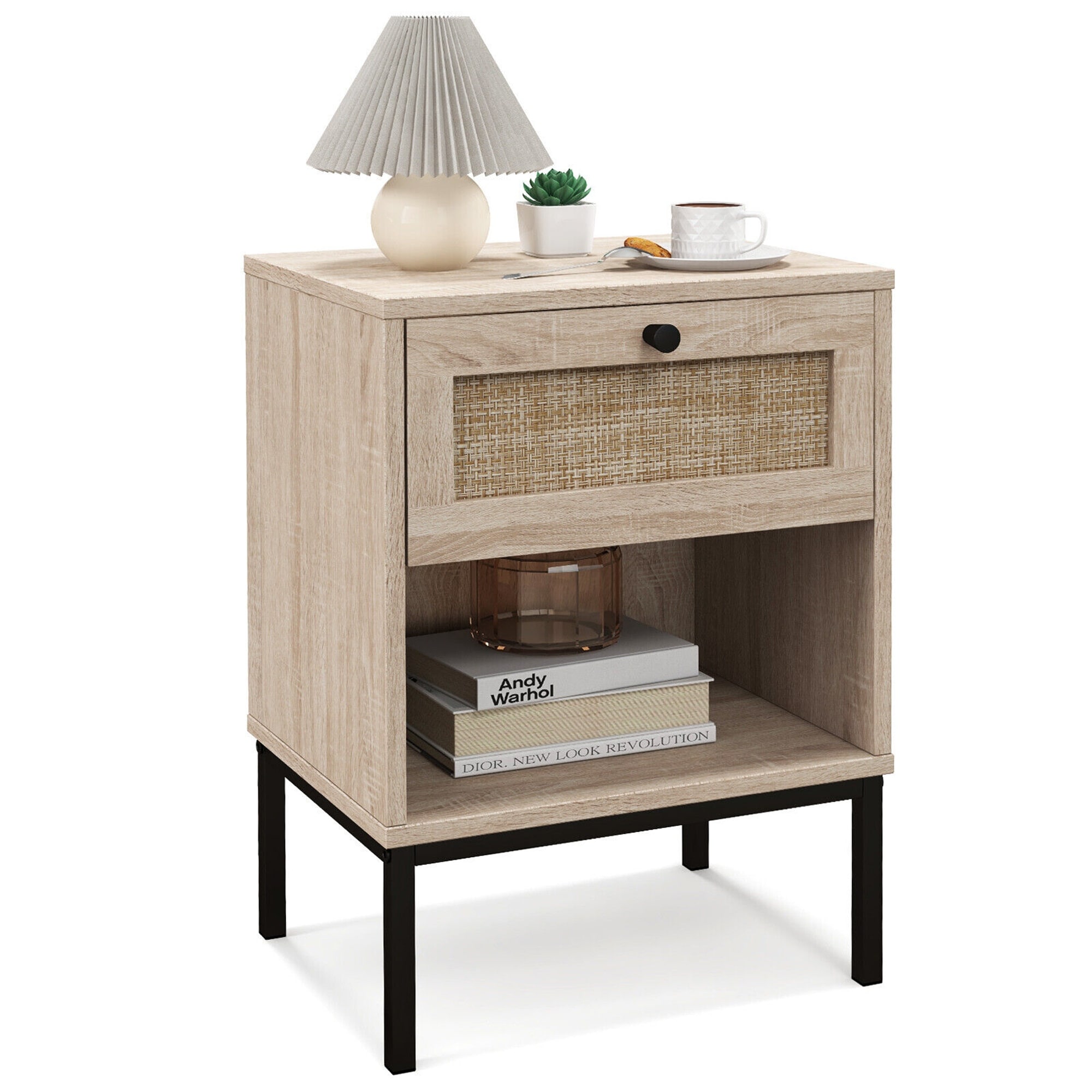 Gymax Rattan Nightstand Boho End Table with Drawer & Open Shelf for