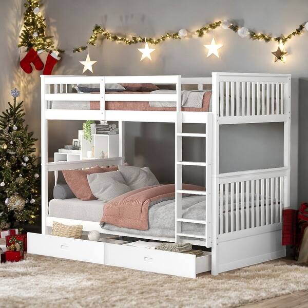 slide 2 of 9, Twin-Over-Twin Maximized Space White Bunk Bed with Ladders and Two Storage Drawers