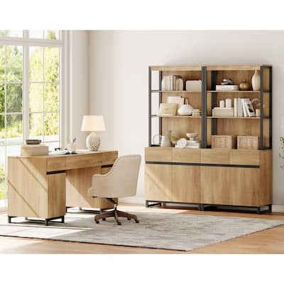 WAMPAT 59" Modern Executive Desk with Charging Station & Storage Cabinet + 72" Tall Bookcases.