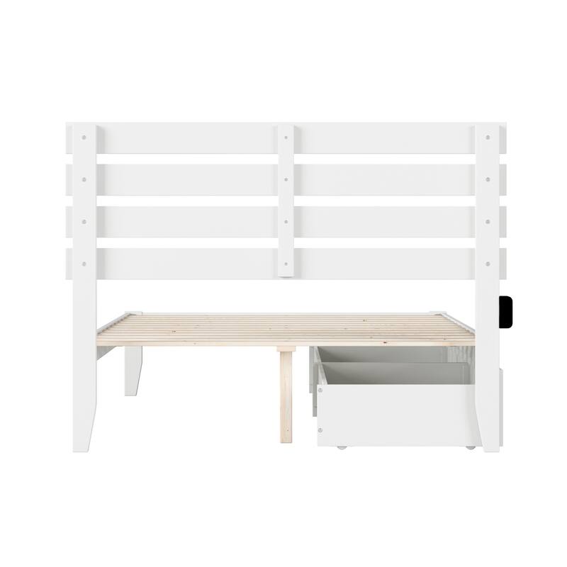 Full Size Platform Bed with Storage & USB Charger - Modern Bed Frame, No Box Spring Needed, White Finish