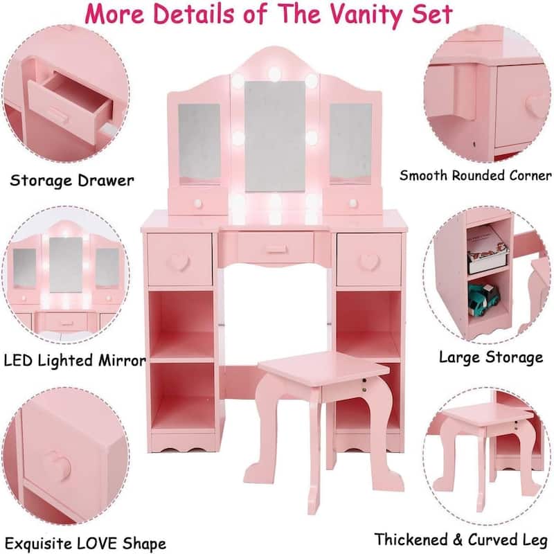 2-in-1 Princess Kids Vanity Dressing Table Set with Tri-Fold Mirror