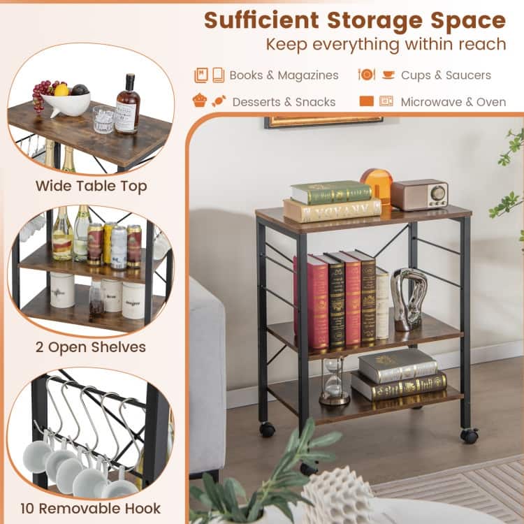 3-Tier Kitchen Baker's Rack Microwave Oven Storage Cart with Hooks - 23.5" x 16" x 29" (L x W x H)
