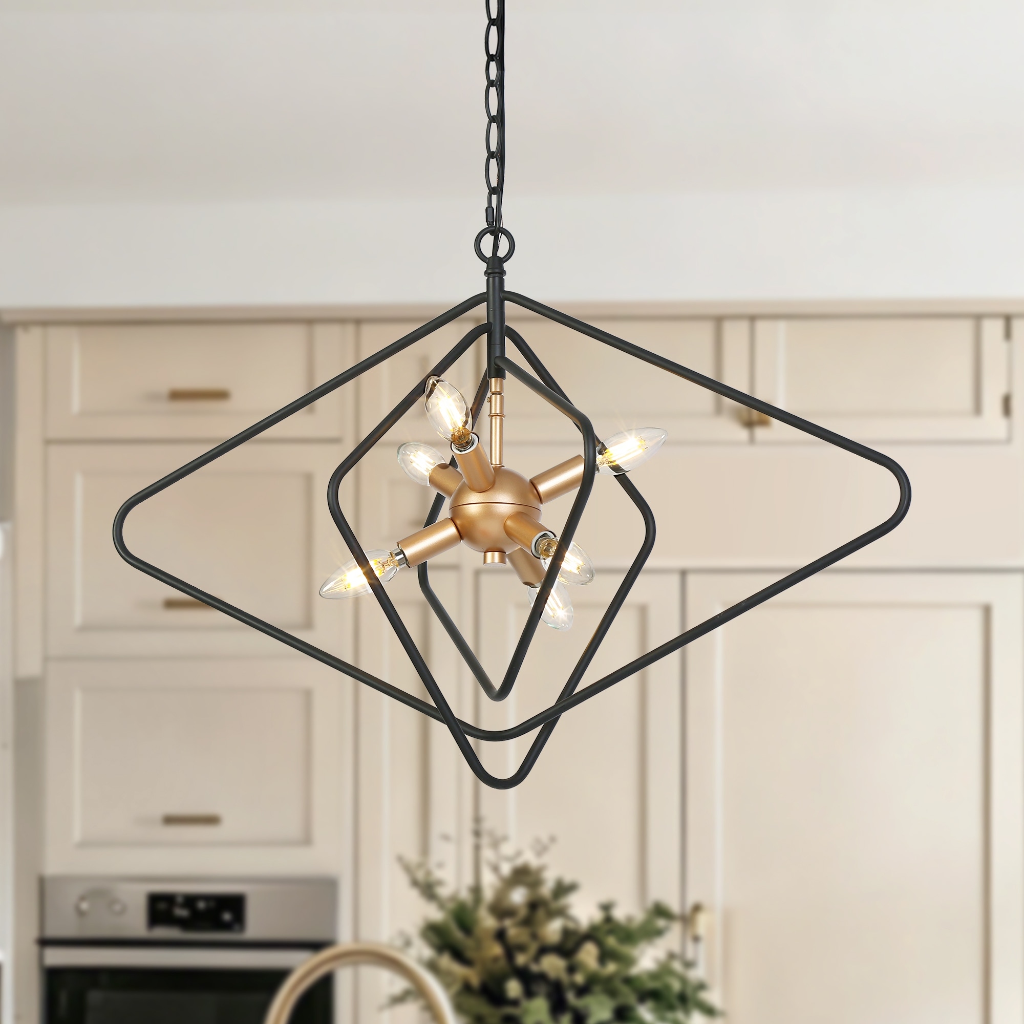 Modern Geometric 6-Light Black Gold Chandelier Sputnik Large Pendant Light Fixture for Kitchen Dining Room - 28.3 " × 19.7 "