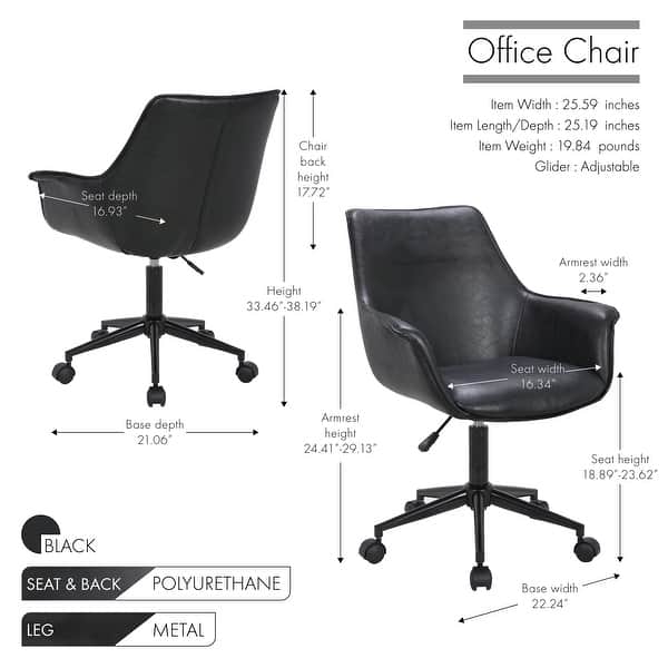 dimension image slide 1 of 3, Porthos Home Jamar PU Leather Office Chair with Metal Roller Base