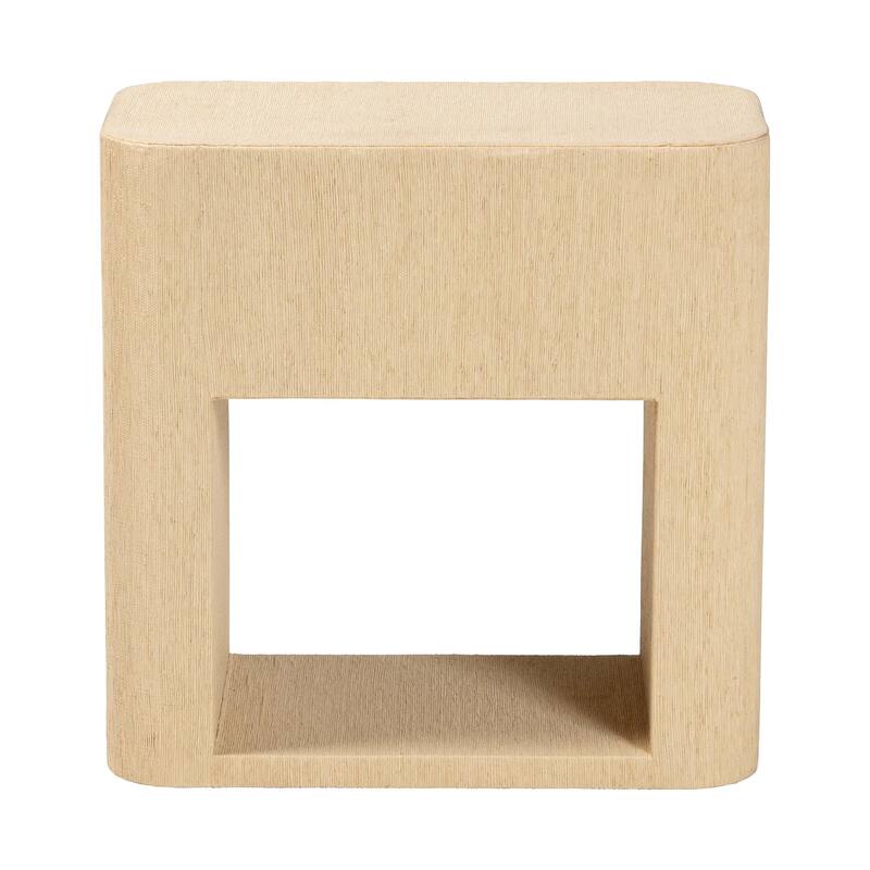 Beauford Grasscloth 1-Drawer Nightstand with Open Shelf - Woven Texture Bedside Table with Rounded Corners and Gold Handle