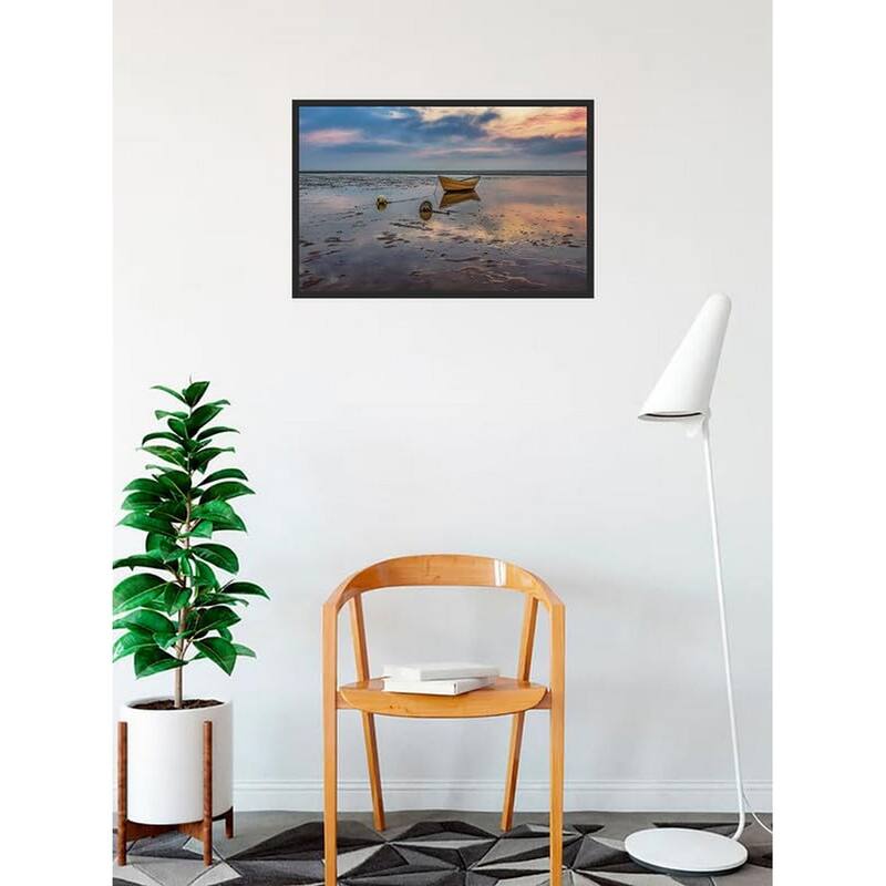 Yellow Dory Boat Waiting for High Tide Reflection Photography by Wayne Collamore Framed Poster - 18 x 24 Inch
