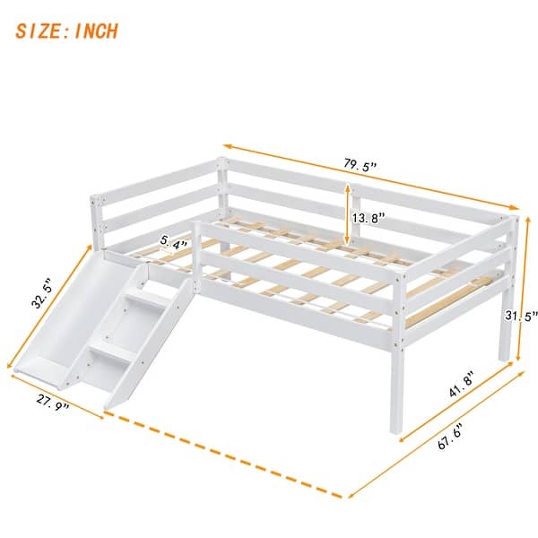 dimension image slide 1 of 2, Twin Size Pine Wood Low Loft Bed with Slide, Ladder, Safety Guardrails