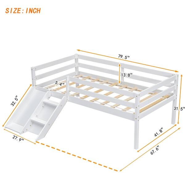 White Twin Size Pine Wood Low Loft Bed with Slide