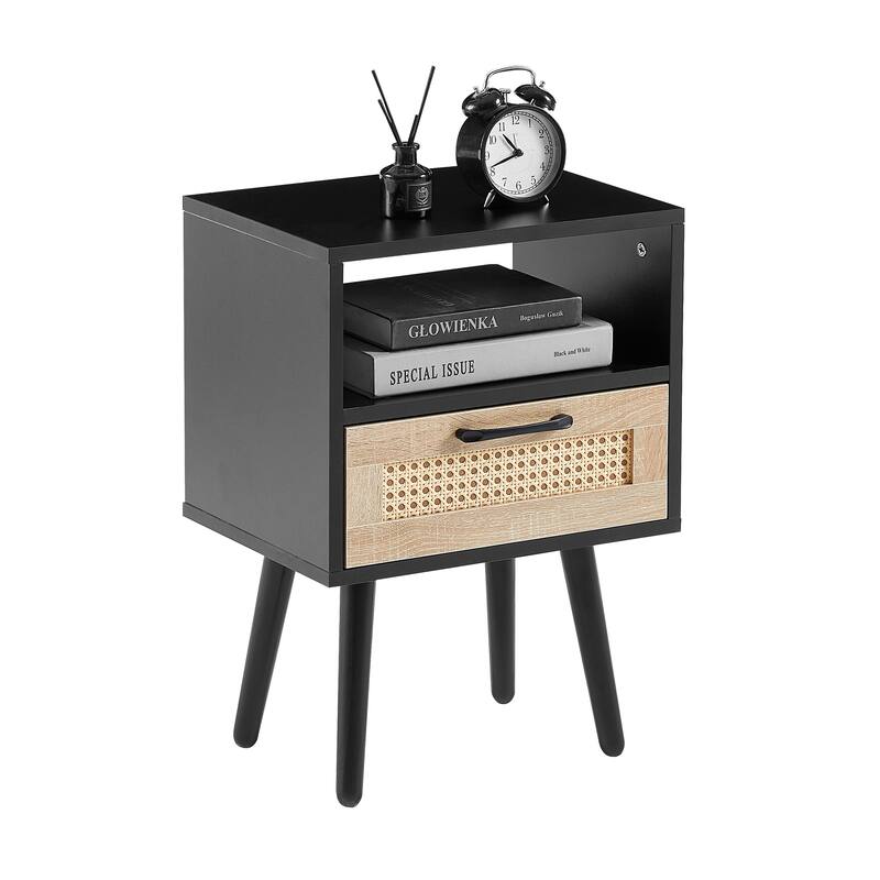 15.7" Rattan Nightstand, Living Room Brown Storage Cabinet, End Table Side Table for Bedroom with Drawer and Solid Wood Legs