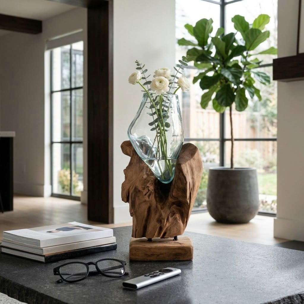 Decorative Vase - Brown Glass Vase on Wood Stand, 13 in.