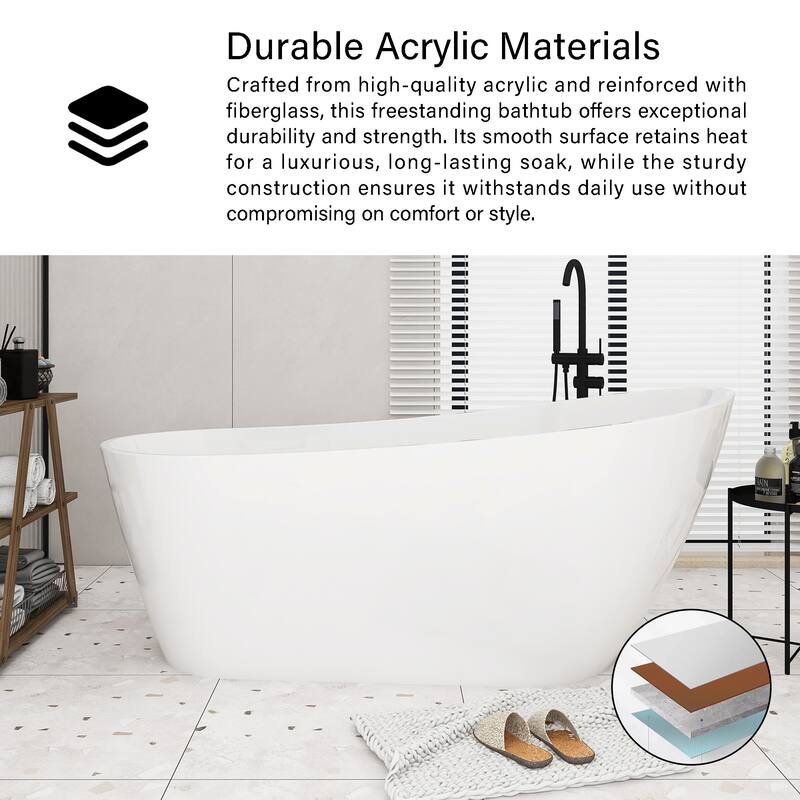 Acrylic Freestanding Flatbottom Soaking Bathtub in Glossy White