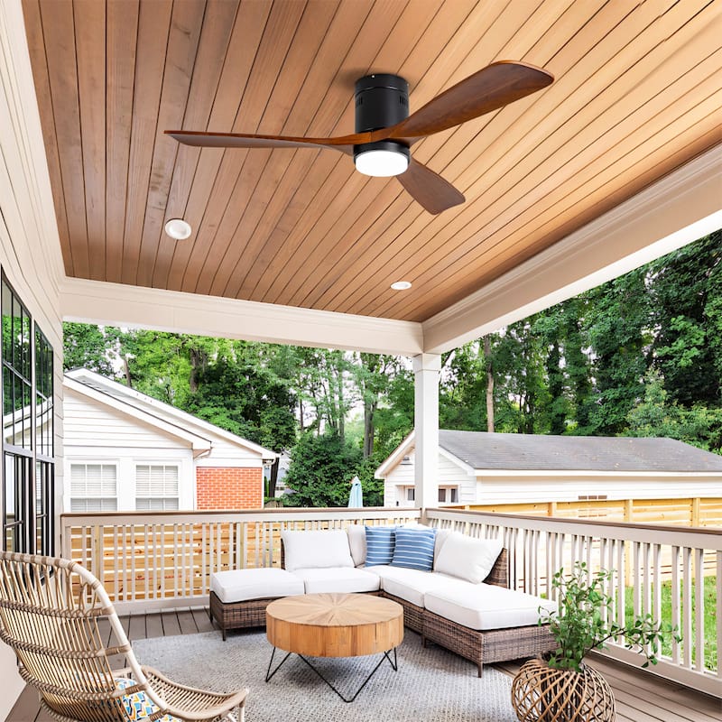 52 Inch Flush Mount Ceiling Fan with Lights and Remote Control, Wood Blades, Quiet DC Motor - Indoor/Outdoor - Black