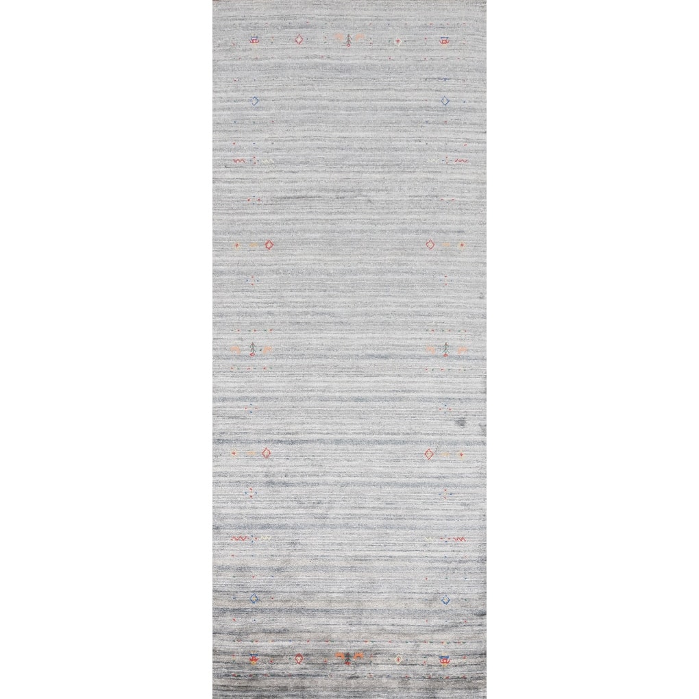 Hand Knotted Oriental Viscose Silk Carpet Tribal Animal Pictorial Greys & Charcoal Gabbeh Runner Rug - 11' 7'' X 4' 0''