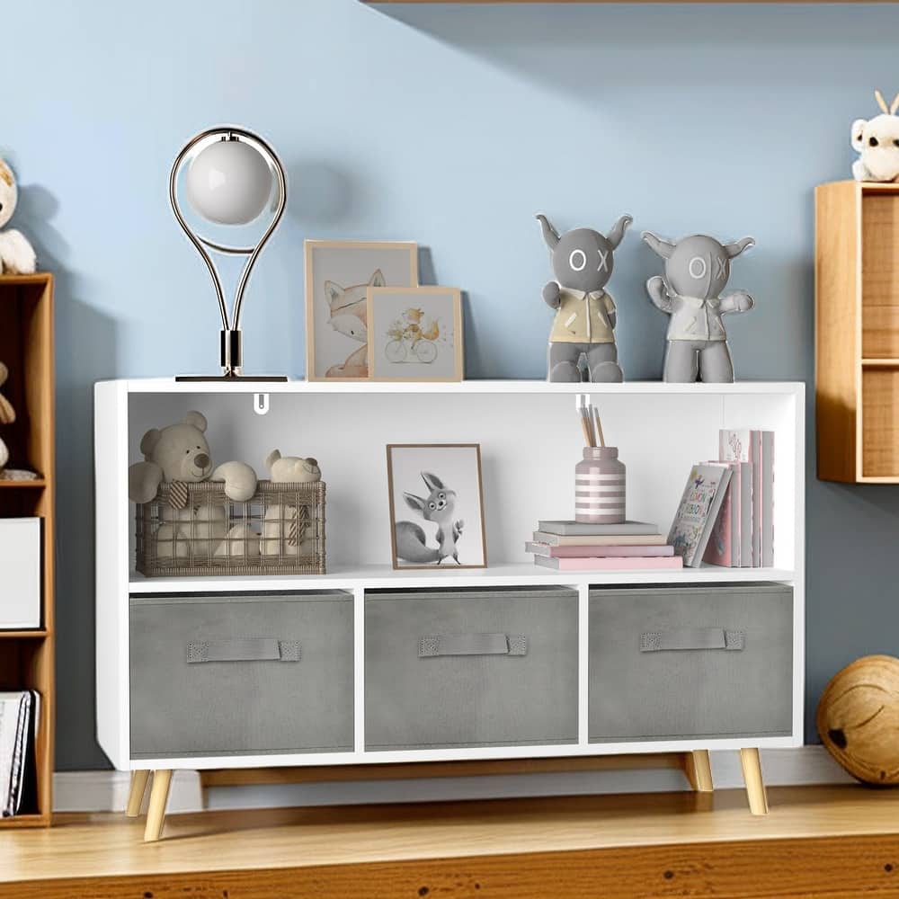 Kids Bookcase with Reading Nook 3 Toy Storage Organizer Drawer Fabric