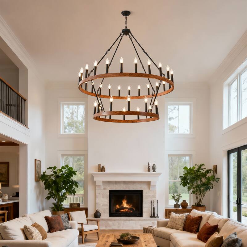 47.24 Inch Large Wagon Wheel Chandelier,2Tier 36-Lights Farmhouse Industrial Country Style Fixture E12