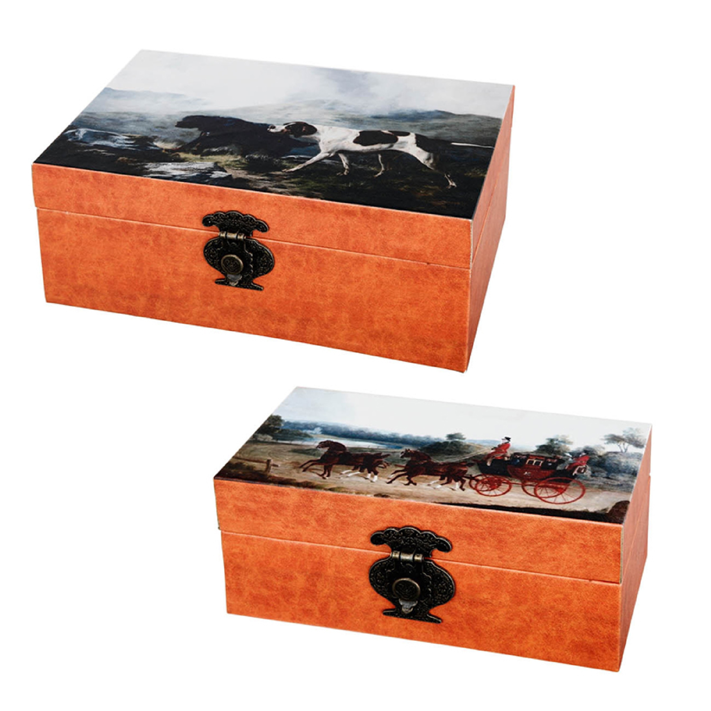 Storage Box Set of 2, Hunting Dogs and Horse Drawn Carriage Print, Brown