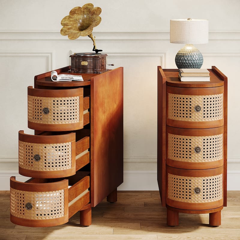 Solid Wood End Table, 3-Drawer Rattan Side Table, Night Stand with Exquisite Embossed Handles