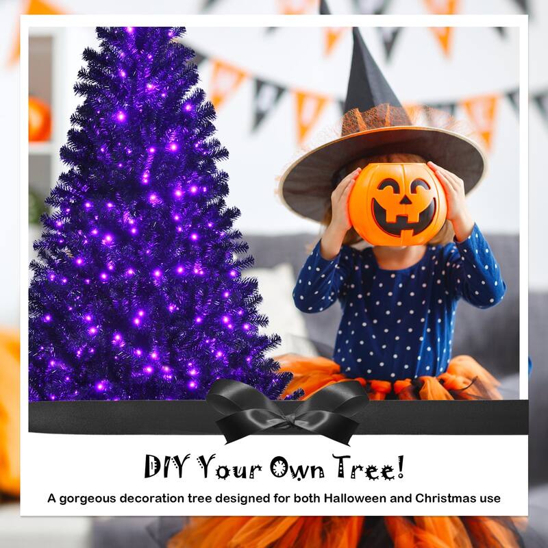 Gymax 7 FT Pre-lit Black Halloween Tree Artificial Hinged Christmas - See Details