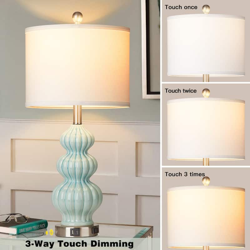 Table Lamps Ceramic Cyan Drum Shade USB Charging Port AC Outlet Touch Switch (Set of 2) - 12'' x 12'' x 25'' (L x W x H)