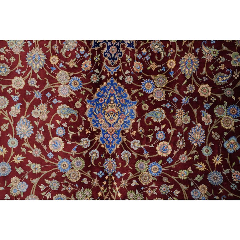Hand Knotted Oriental 100% Silk Carpet Traditional Floral Red Qum Area Rug - 13' 2'' X 9' 7''