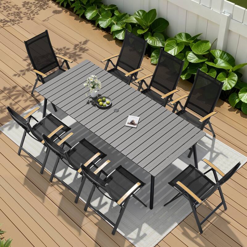 9-Piece Outdoor Patio Dining Set WPC Table Top Alumium Umbrella Hole Table with Folding Armrest Chairs