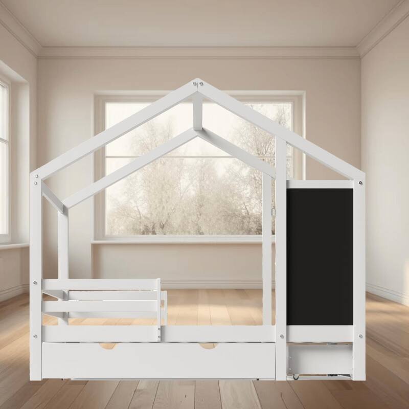 Twin and Full Size House Shaped Platform Bed with Blackboard and Drawers, Two Assembly Options for Creative Kids Bedroom - White - Full
