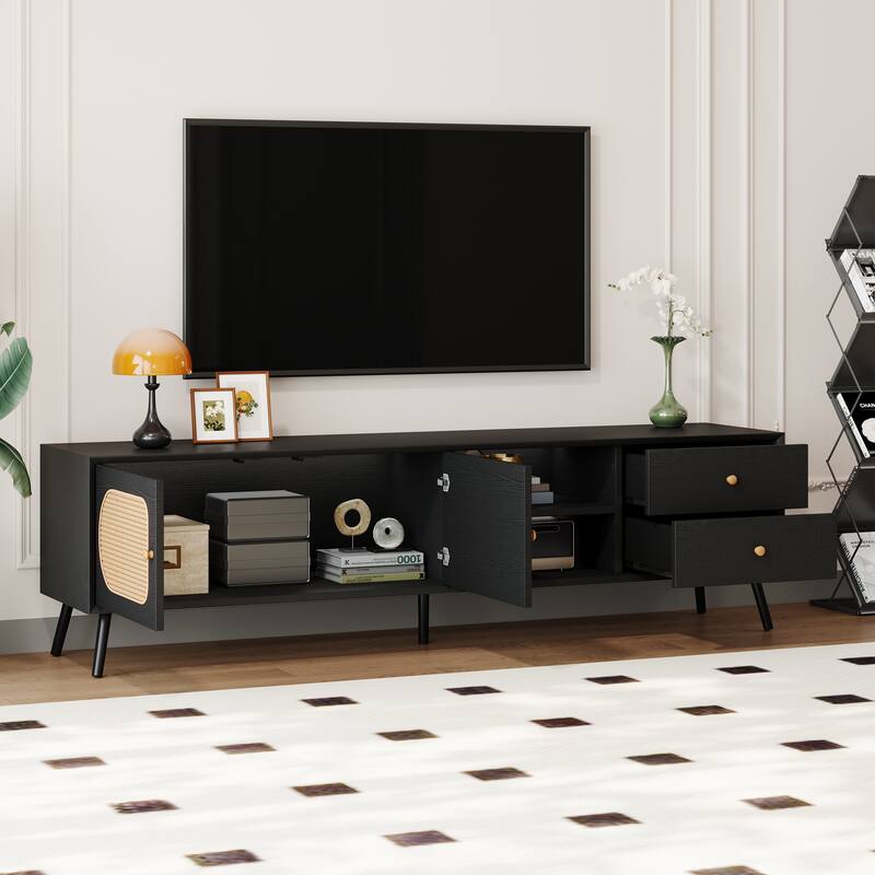 70" TV Stand up to 80 Inches,Mid Century Modern Entertainment Center with Rattan Doors,2 Drawers,and Open Shelf,Television Stand